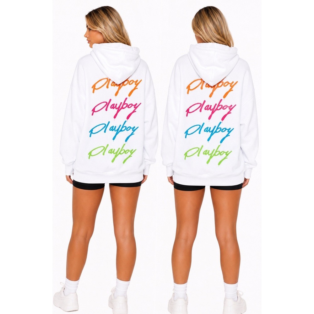 Playboy x Missguided White Oversized Hoodie Neon Spray Paint Logo Y2K XL